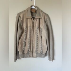 Unisex vintage Arctic Fox Tan Zip-Up leather front Sweater with Cable Knit NWOT